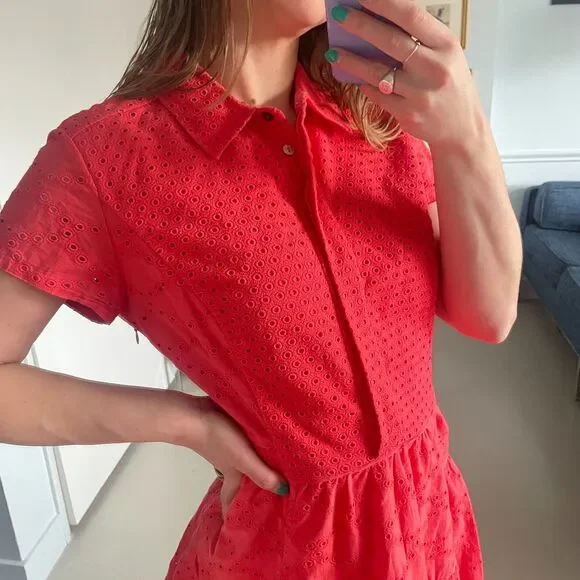 Diane von Furstenberg Collared Button up Eyelet Dress Coral Size 10 - Picture 6 of 9